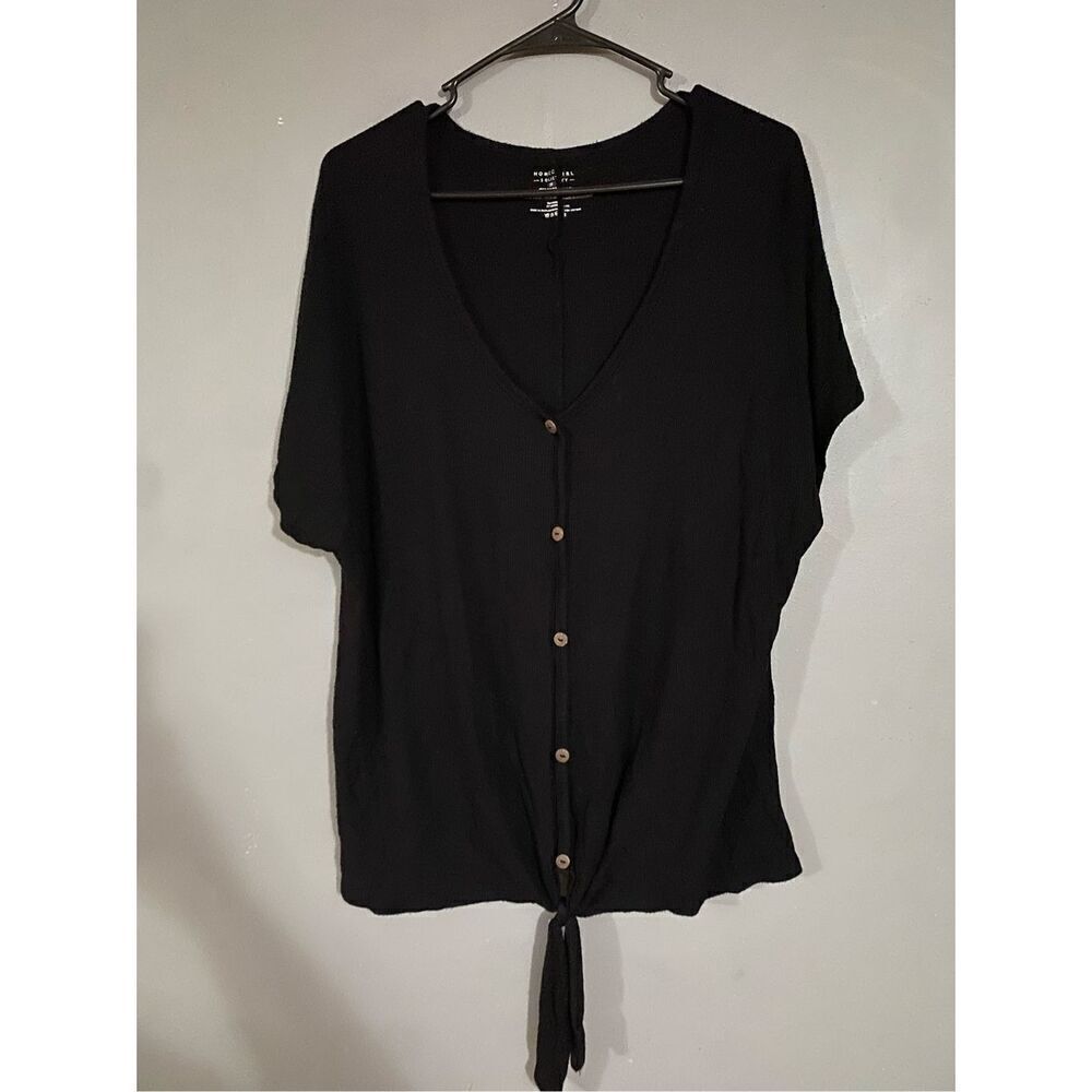 Homegirl Society Black Faux Button Tie Front Short Sleeve Top Size 2X